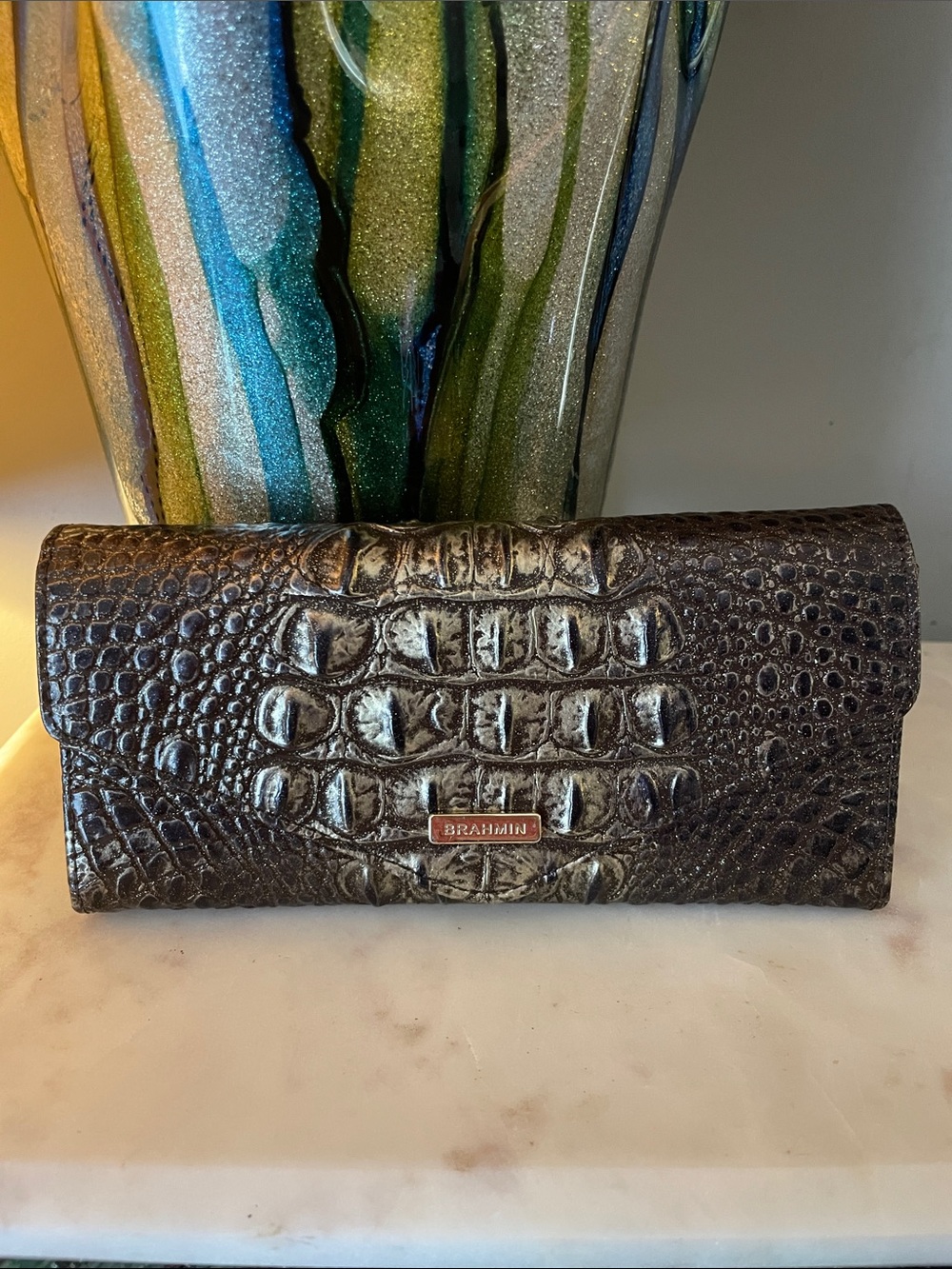 Brahmin Metallic Croc-Embossed trifold Wallet in sparkly Charcoal!